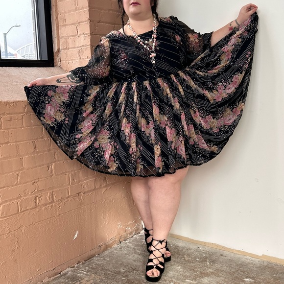 Vintage 70s Early 80s Handmade Black Chiffon Country Deco Floral Plus Size Dress - Picture 3 of 6